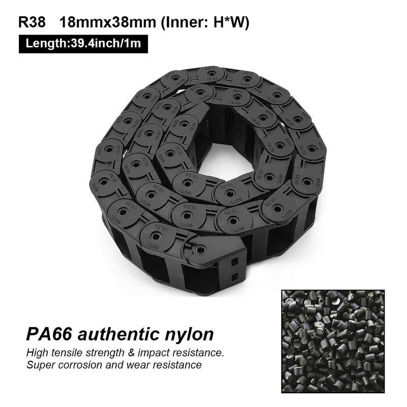 LMioEtool Pack of 2, R38 18mm x 38mm(Inner H x Inner W) Black Plastic Cable Wire Carrier Drag Chain 1M Length for CNC, with End Connectors - Bridge Type (Inner Side openable) - Image 2